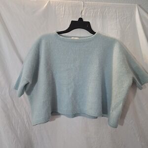 Minnie Rose 100% Cashmere Sweater Short Sleeve‎ Cropped Boxy Light Blue Size M/L